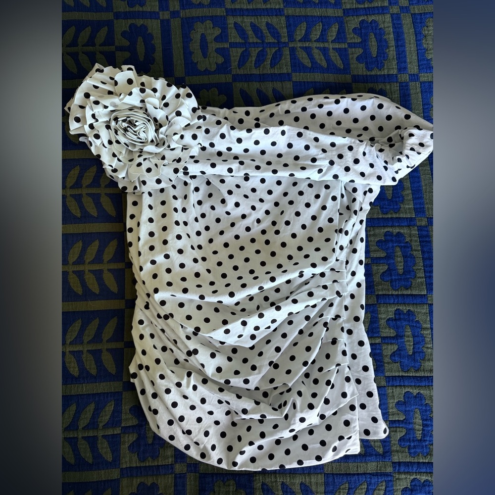 AKIRA White One-Shoulder Polka Dot top with Floral Ruffle